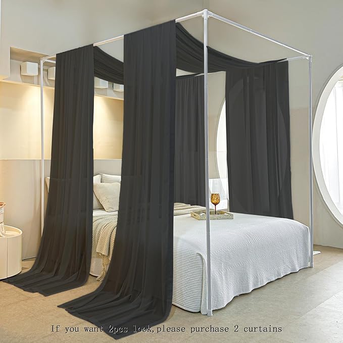 AIKASY Black Bed Canopy Scarf for Full/Queen - Luxury Sheer Canopy Bed Curtains with Light - Suitable for Four-Poster Bed, Metal Bed Frame, Wood Bed Frame -1pic