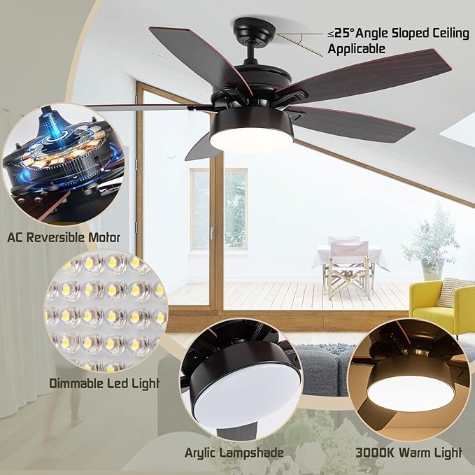 Ceiling Fans with Lights, 52 inch Ceiling Fan with Light and Remote Control, Reversible Flush Mount Ceiling Fan, Dimmable 5 Blades Low Profile Ceiling Fan for Living Room Bedroom