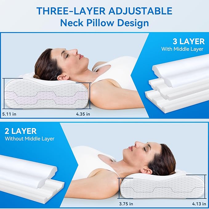 Cervical Neck Pillow King Size - Sandwich Dynamic Memory Foam Pillow for Sleeping, Adjustable Contour Ergonomic Orthopedic Cooling Pillow for Side, Back & Stomach Sleepers Soft
