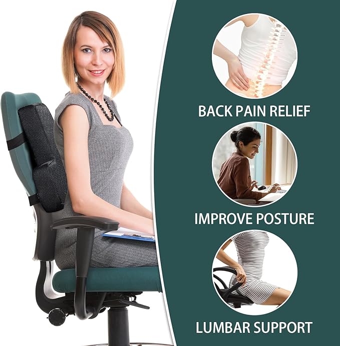 HOMBYS Lumbar Support Pillow for Office Chair-Seat Cushion for Back Support, Improved Sitting Posture and Upper/Lower Back Pain Relief for Desk Chairs, Car Seats and Airplanes (Black, 17"x13"x3")