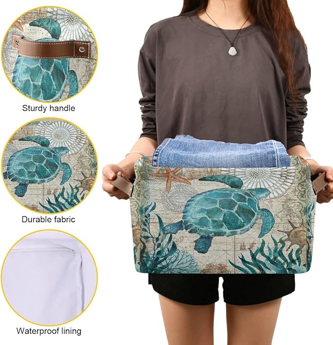 Sea Turtle Storage Basket Fabric Storage Bin Nautical theme Baskets Coastal Starfish Foldable Storage Boxes Organizer Bag for Baby Cloth Dog Toy Book Storage Cubes Shelf Closet Basket 16×12×8 Inches