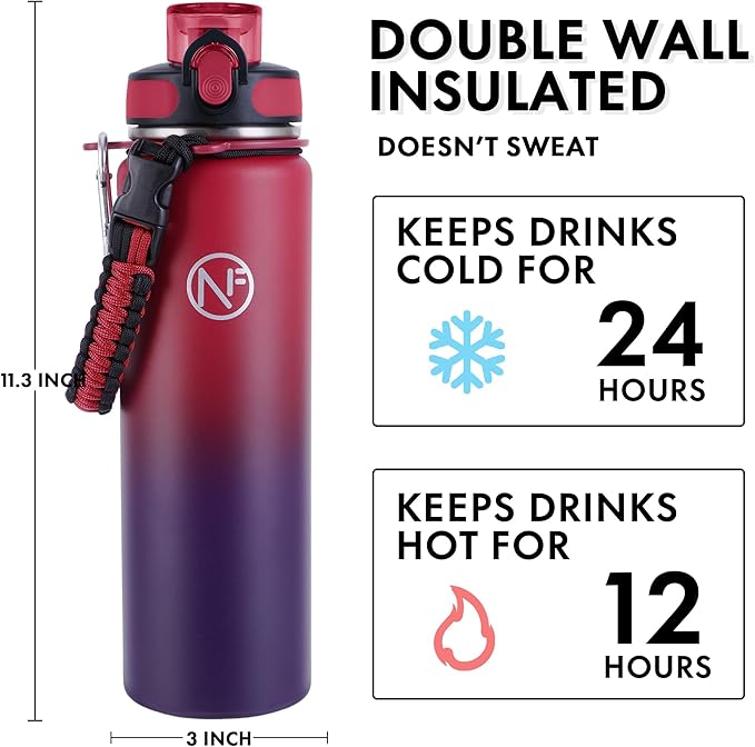 32 oz Insulated Water Bottle With Detachable Straw & Paracord Handle, Stainless Steel Thermos Water Bottle with Leakproof Lockable Lid, BPA-Free Sports Bottle (Rose Purple Gradient)