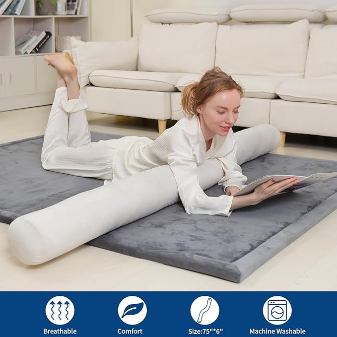 Long Body Pillow for Adults,Full Body Pillow with Velvet Pillowcase,Round Bolster Pillow for Sleeping,Hug Pillow(Beige,75×6 inch)