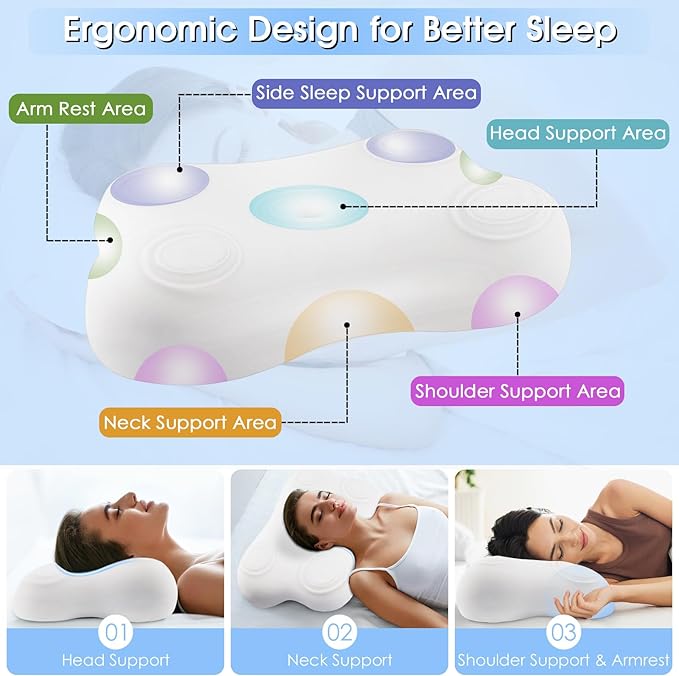 Cervical Neck Pillow for Side Sleeping: Ergonomic Neck Support Contour Bed Pillow - Memory Foam Pillows, Standard, White, LYM012