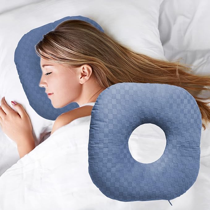 Ear Piercing Pillow for Side Sleepers, Pillow with an Ear Hole for CNH and Ear Pain Ear Inflammation Pressure Sores, O-Shaped Side Sleeping Pillow, Ear Guard Pillow (Blue)