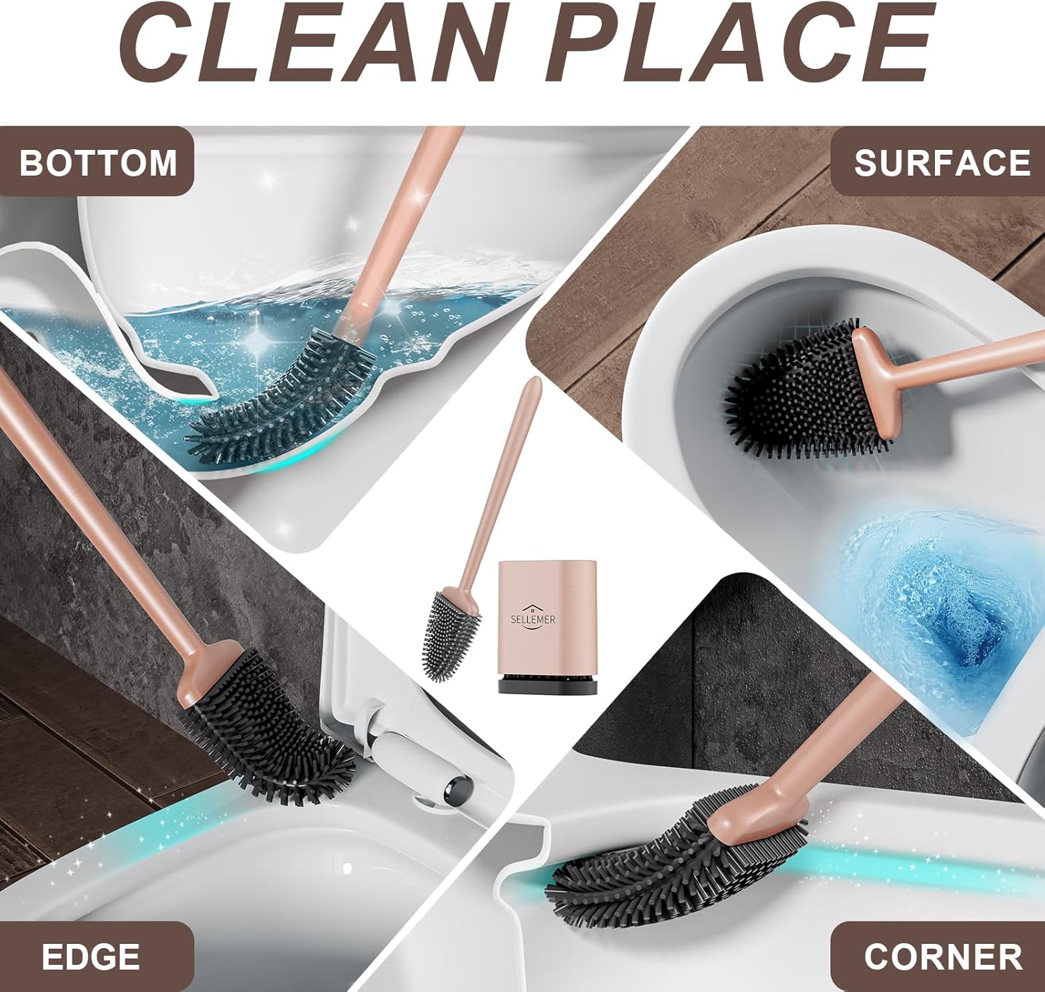 Sellemer Toilet Brush and Holder Set - Flexible Toilet Bowl Brush Head with Silicone Bristles, Compact Size for Storage and Organization, Ventilation Slots Base (1 Pack, Rose Gold)