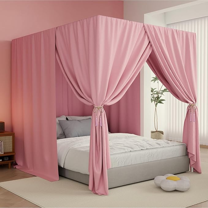 Pink Canopy Bed Curtains - 4 Corner Post Bed Curtains Twin Lightproof Drapes Bed Canopy Curtains with Tie Backs for Adults & Girls Bedroom Decoration(Pink,Twin)