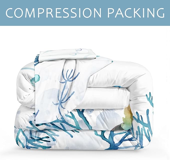Bedbay Sea Turtle Comforter Set Coastal Bedding Set Turtle Printed 4 Pcs Beach Bedding Quilt Set Coral Blue Underwater World Duvet Set Girls Teen Sealife Ocean Comforter Bedroom Decor(Coral,Queen)