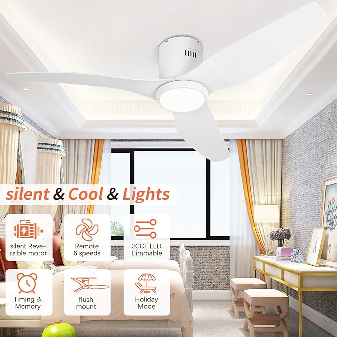 White Ceiling Fan with Light Remote 52in 6Speed Silent Reversible Motor 3CCT Dimmable LED Flush Mount Low Profile Fan Timer Memory Function Modern Plastic Blade Vacation Mode Indoor Outdoor