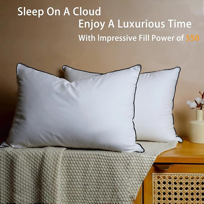 Natural Goose Down Pillows - White Down Pillow King Size - 550+ Fill Power - Soft and Support Down Bed Pillow for Back,Side,Stomach Sleepers，Pack of 1 (20" x 36")