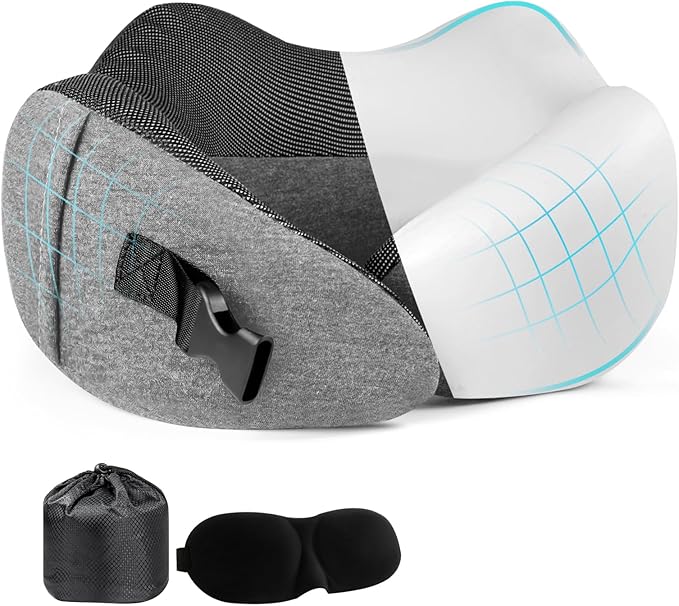 PORTHOLIC 2024 Upgraded Travel Neck Pillow with Buckle,100% Pure Memory Foam Travel Neck Pillow for Airplane Travel Flight Headrest Sleep, Portable Plane Accessories(Light Grey)
