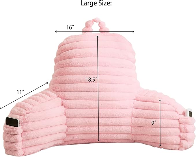 Faux Fur Fluffy Pink Reading Pillow with Pockets, Luxury Striped Plush Decorative, Arm Rests and Back Surport for Bed Rest, Lounging on sofa, Large