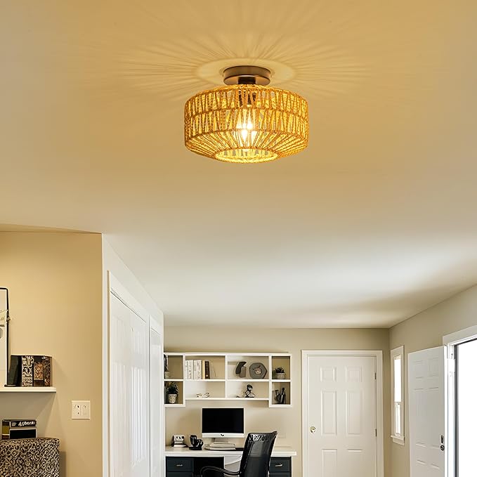 MAYNA Rattan Ceiling Light Fixture, Hand-Woven Boho Light Fixtures Ceiling Mount, Rattan Flush Mount Ceiling Light for Farmhouse Hallway Bedroom Kitchen Entryway Living Room (Black)