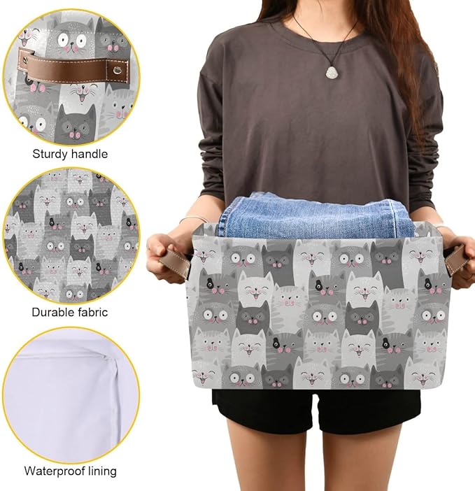 Cute Cats Storage Basket Fabric Storage Bin Laundry Baskets, Funny Cat Kitty Foldable Storage Boxes Organizer Bag for Baby Cloth Dog Toy Book Storage Cubes Shelf Closet Basket 16×12×8 Inches