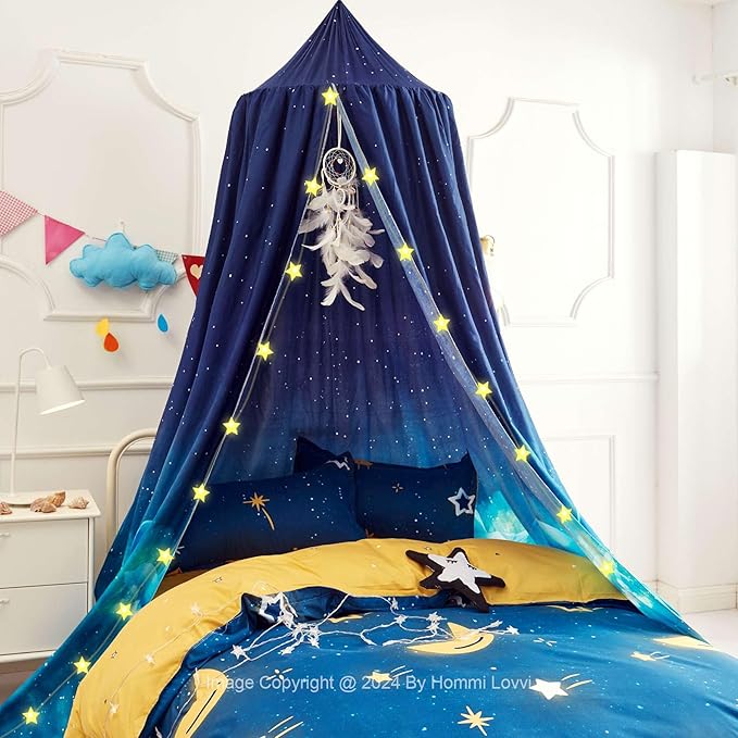 Ocean Print Kids Bed Canopy, Girls Princess Bed Canopy Dreamy Room Decor, Soft Hanging Reading Nook Play Tent Canopy, Extra Large Full Size Bed Canopy with String Light