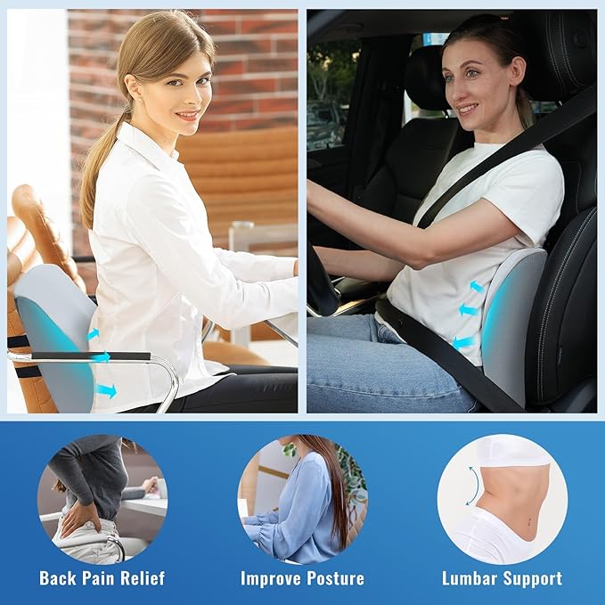 Lumbar Support Pillow for Office Chair Car Seat Cushion for Lower Back Sciatica Pain Relief Firm Memory Foam Pillows Wedge Chairs Cushions with Dual Straps (Cooling Grey)