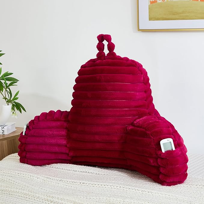 Faux Fur Fluffy Burgundy Reading Pillow with Pockets, Luxury Striped Plush Decorative, Arm Rests and Back Surport for Bed Rest, Lounging on sofa, Large