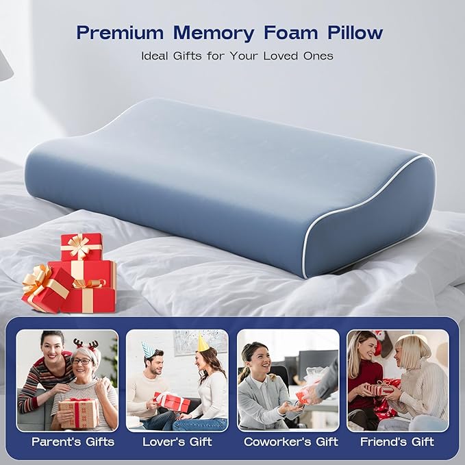 Cooling Cervical Neck Pillow for Sleeping - Contoured Memory Foam Pillow with 2 Heights - Ergonomic Sleep Pillow for Side Sleepers, Back Sleeping, Stomach Sleepers (Light Steel Blue)