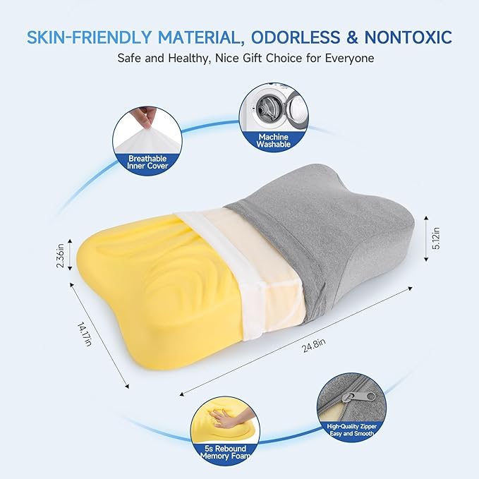 Cervical Pillow for Neck Pain Relief,Memory Foam Ergonomic Neck Support Pillow for Side Back&Stomach Sleepers with Pillowcase,Contour Best Bed Anti-Snoring Pillows for Sleeping-2Pack