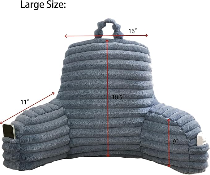 WERDIM Reading Pillow for Sitting in Bed, Faux Fur Back Pillow for Bed Rest, Bed Chair Pillow with Arms and Pockets(Large, Dusty Blue)