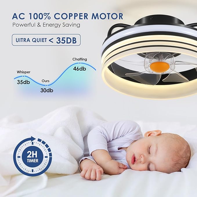 Flush Mount Ceiling Fan with RGB Light - 13“ Small Bladeless Ceiling Fan Light with Reversible Mute Motor, RGB LED Dimmable, Low Profile Enclosed Ceiling Fans for Indoor, Kids Room, Party