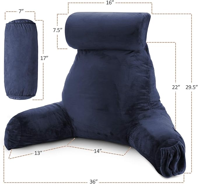 Nestl Reading Pillow Large Bed Pillow, Back Pillow for Sitting in Bed Shredded Memory Foam Chair Pillow, Reading & Bed Rest Pillows Navy Blue Back Pillow for Bed, Bed Chair Arm Pillow with Pockets