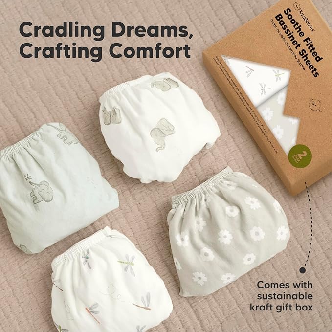 2-Pack Organic Bassinet Sheets for Girls, Boys - 100% Cotton Bassinet Mattress Sheets Compatible with Halo Bassinest Swivel Sleeper, Graco, Baby Delight, Chicco, Unisex Fitted Bassinet Sheets (Meadow)