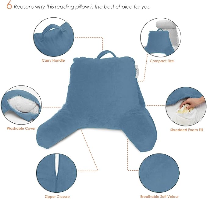 Nestl Reading Pillow Standard Bed Pillow, Back Pillow for Sitting in Bed Shredded Memory Foam Chair Pillow Reading & Bed Rest Pillows Blue Heaven Back Pillow for Bed, Bed Chair Arm Pillow with Pockets