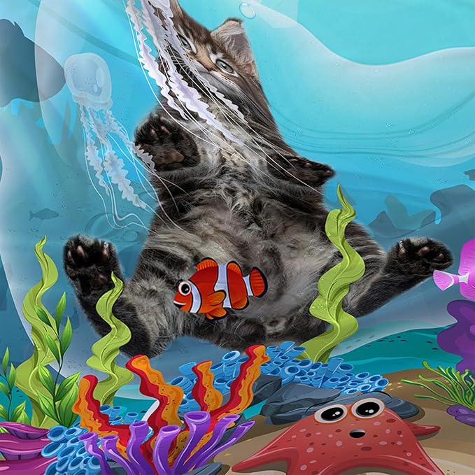 AILONEN Funny Cat Shower Curtain for Bathroom, Ocean Animal Print Shower Curtain, 48" W*72" H Waterproof Polyester Cat Lover Shower Curtain Decor Bathroom with Grommets and Hooks