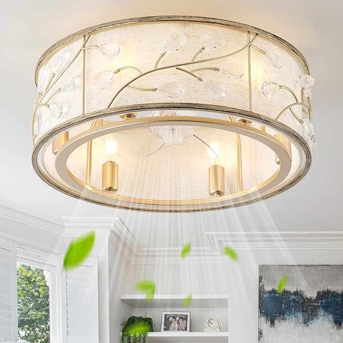 20 Inch Gold Crystal Ceiling Fan with Light, Caged Crystal Ceiling Fan with Light Remote Control, Flush Mount with 6 Speeds for Bedroom, Nursery, Living Room (6 E12 Bulb Includ) (Gold)