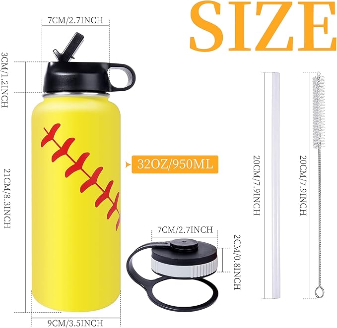 40oz Wide Mouth Softball Water Bottle with Two Lids(Straw, Handle Lid), 18/8 Stainless Steel Vacuum Insulated for Travel & Sport Cup. (Softball Yellow, 40oz)