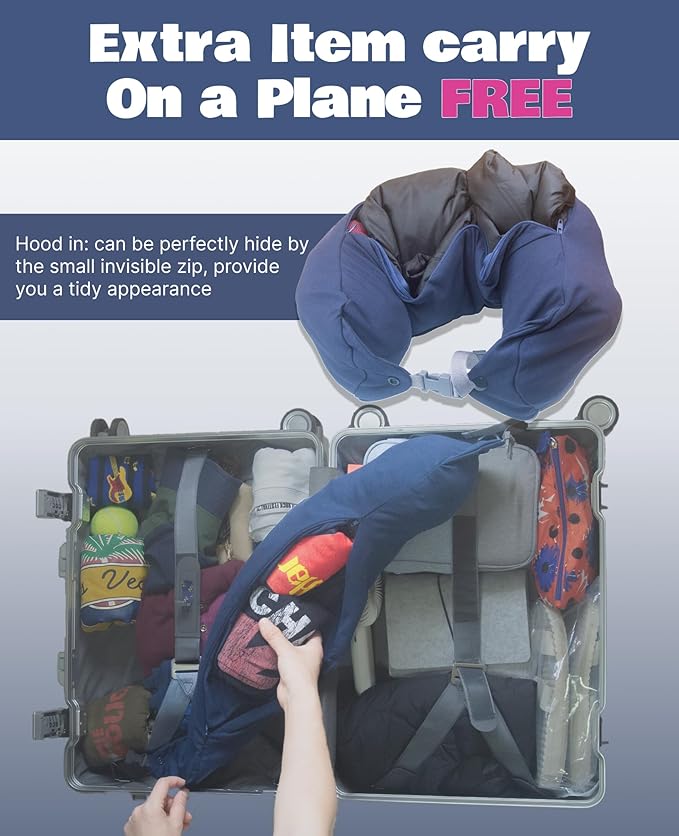 Stuffable Travel Neck Pillow, 2-Way Hoodie, Carry-on Luggage Holder, Cotton Light Blocking, for Airplane, Office, Vehicle Transportation (Navy)