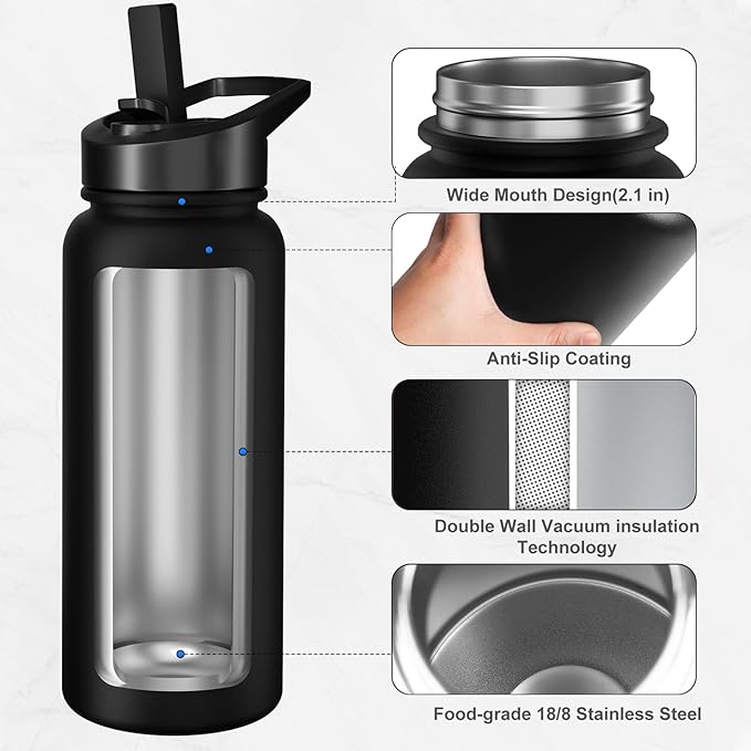 32oz Insulated Water Bottle with 3 Lids(Straw, Hand and Spout Lid), Double Vacuum Stainless Steel Metal Water Flask(BPA-free, CPC) for Sports, Camping, Hiking, Cycling, Fitness and more(Black)