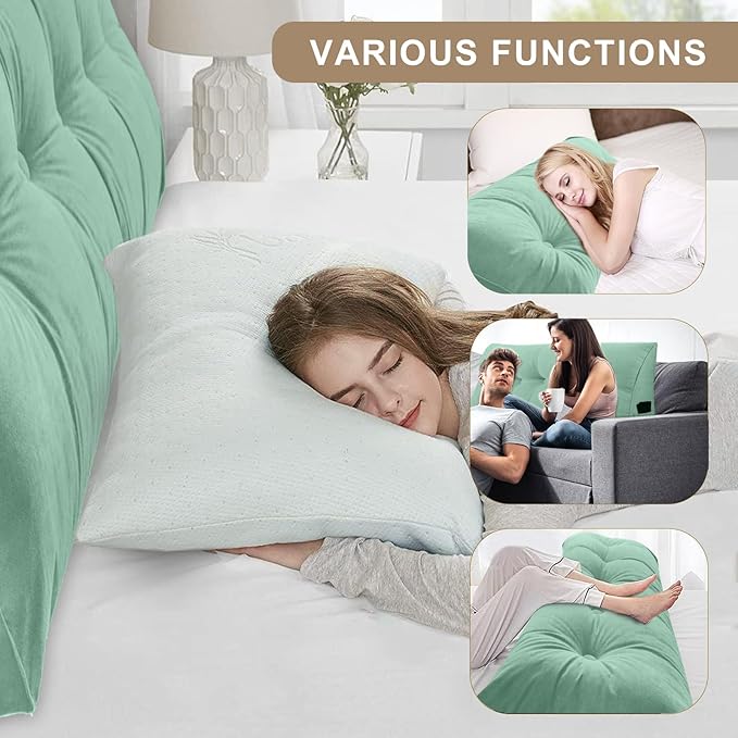 Large Triangular Headboard Pillows Long Backrest Positioning Support Bolster Cushion for Daybed Fluffy Quality Plush Body Wedge Pillow with Removable Cover(Light green-Twin/Twin XL-39x8x20 in)