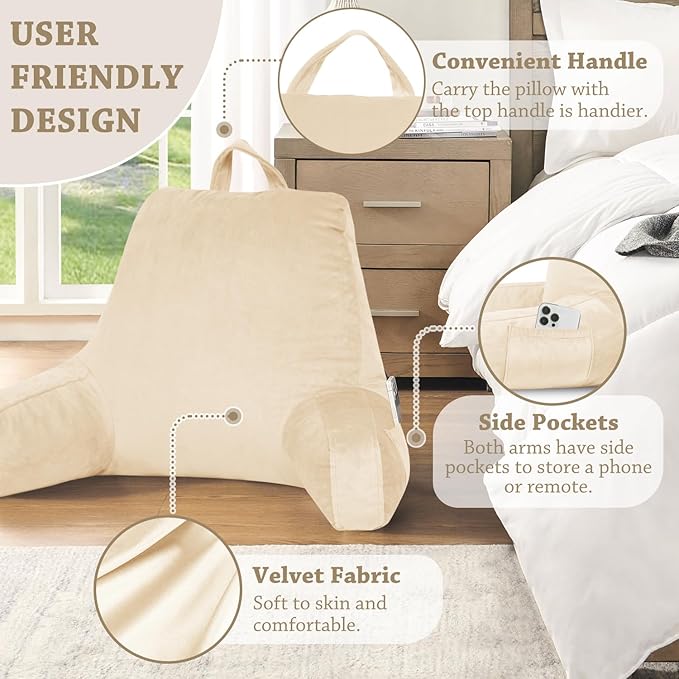 LOVTEX Reading Pillow with Removable Cover, Back Pillow for Sitting Up in Bed with Arms and Pockets, Bed Rest Pillow Adult, 20 x 15 Inches(Beige)