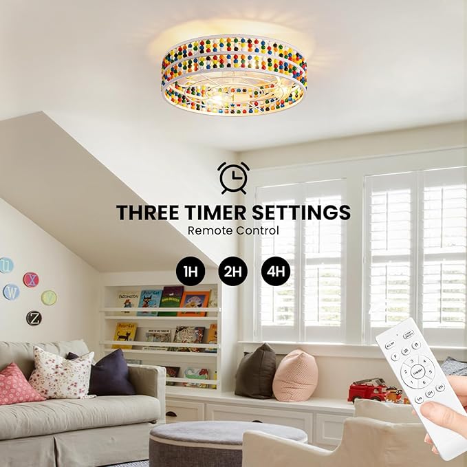 Moooni Colorful Wood Beaded Ceiling Fan with Light 19 inch Boho Wood Beaded Fandelier 6 Speed Flush Mount Ceiling Fan with Light Boho Fandelier