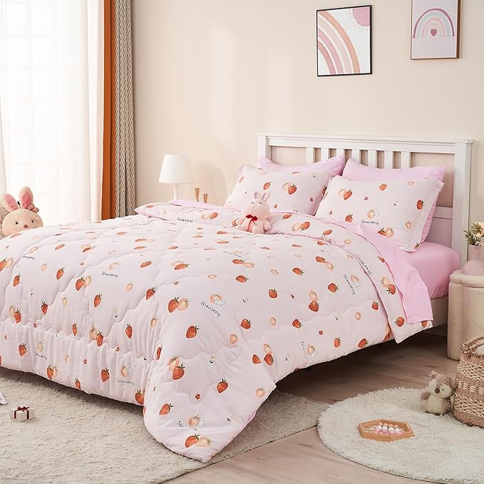 Wajade Girls Strawberry Comforter Set Bed in A Bag Full Size 7 Piece Pink 3D Cute Strawberry Fruit Bedding Set for Kids (1 Comforter, 1 Flat Sheet, 1 Fitted Sheet, 2 Pillowcase and 2 Pillow Sham)