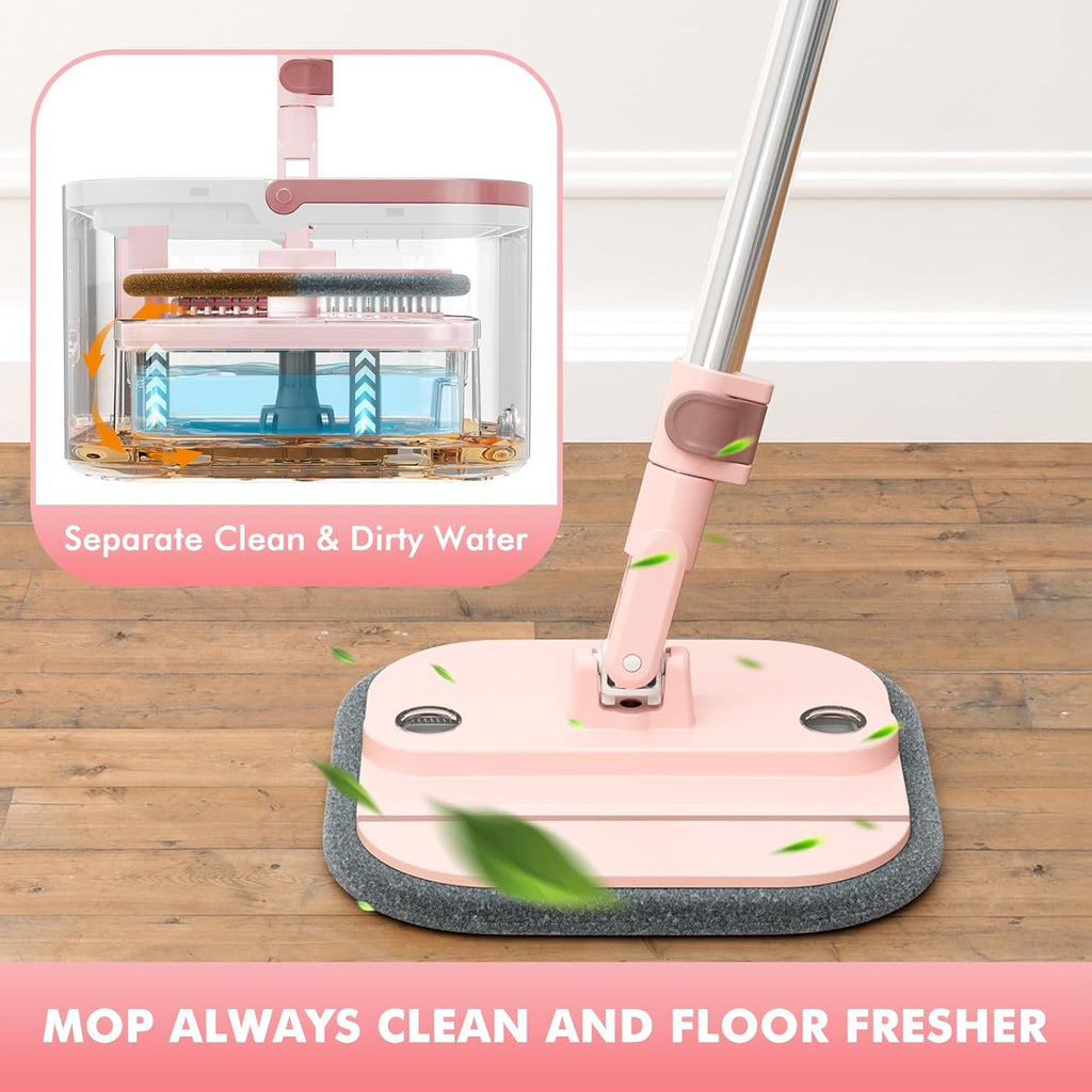 Upgraded Spin Mop and Bucket Self-Standing Mop Bucket Separate Dirty and Clean Water System Self Wringing 360° Rotating & 90° Foldabl Mops and Buckets for Floor Cleaning (Pink, 10Pads)