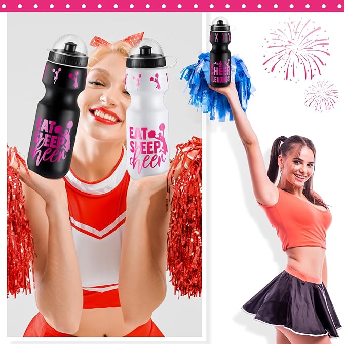 24 Pcs 24 oz Cheerleading Water Bottle Bulk and Drawstring Bag Set 12 Reusable Plastic Biking Water Bottle Tumbler 12 Sport Gym Goodie Gift Bag for Party Favor