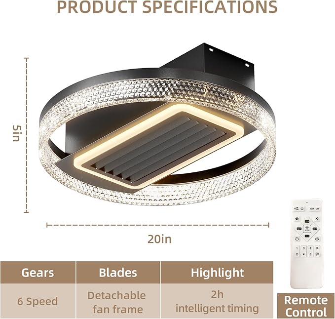 NicBex Ceiling Fan 20 Inch Modern Ceiling Fans with Lights Ceiling Fan with Remote Control Bladeless Ceiling Fans with Reversible Motor for Bedroom, Living Room, Black