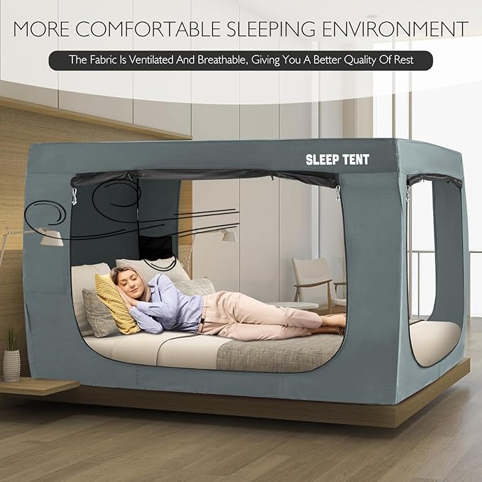 BORNA Bed Tent Full Bed Canopy for Indoor Portable Light Reducing Sleeping Canopy for Kids and Adult,Bunk Blackout Tents Breathable Privacy Space Tent Mosquito Netting for Bed(Pale Gray)