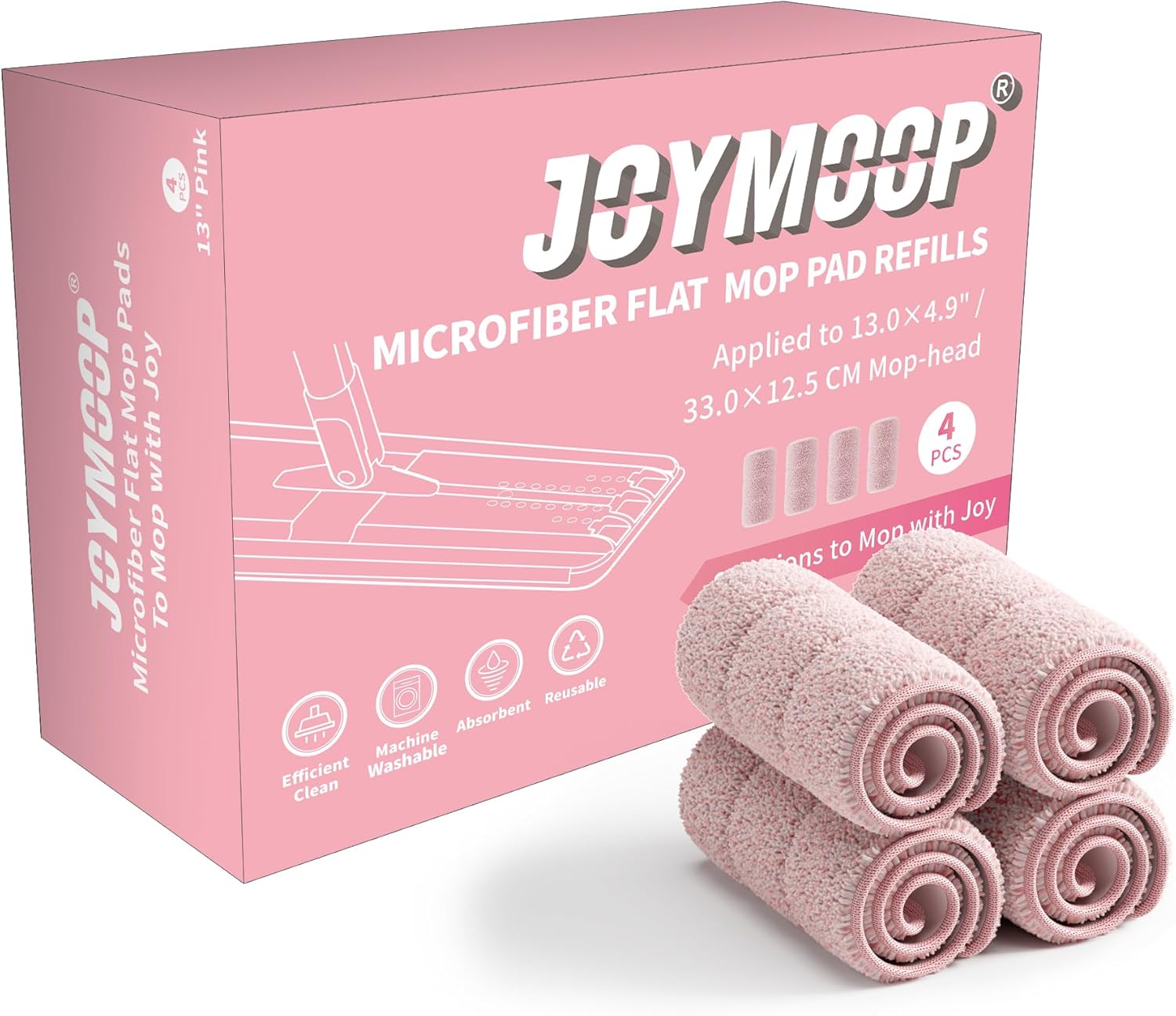 JOYMOOP Flat Mop Pads, Microfiber Mop Cleaning Pads, Washable Pads, Pads Replacement for Flat Mop or Mop Bucket Set, Pack of 4 Refills 13inch - Pink