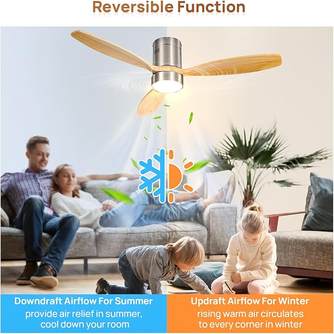 Sofucor 52 Inch Low Profile Ceiling Fan with Lights Remote Control Wood Blades Reversible DC Motor Modern Ceiling Fan for Kitchen, Bedroom, Basement, Dining, Living Room, Silvery wood