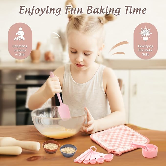 OESSUF Kids Baking Sets for Girls, Cooking Sets 38PCS Real Chef Easy Bake Toddler Montessori Kitchen Tools with Apron, Knife, Cutting Board, Little Girls Dress Up Gift
