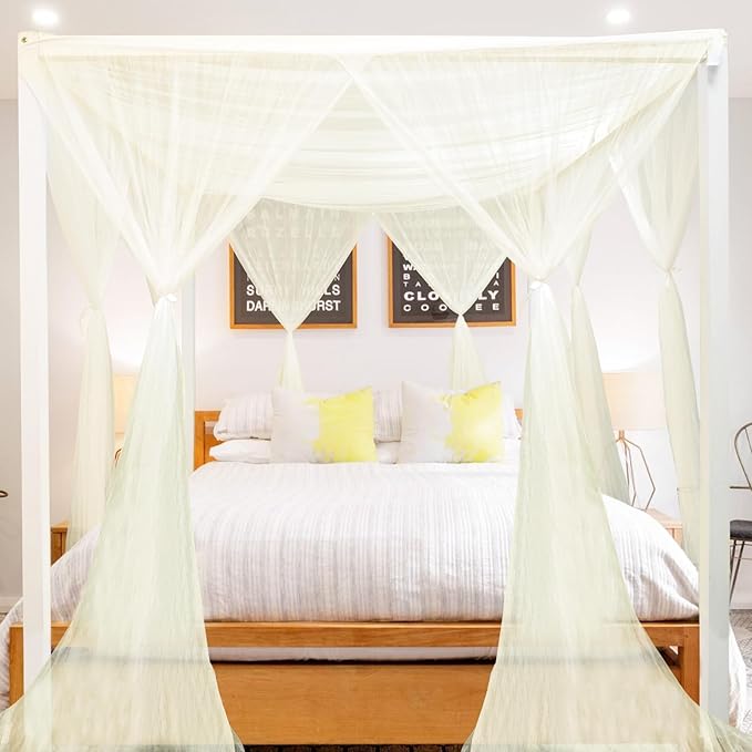 South to East Beige Canopy Bed Curtains, 4 Corner Post Bed Canopy, Top Elegant Bed Drapes for Bedroom Decor, 75D Polyester Mesh, 4 Openings, Easy Install, Bed Curtain for King/Queen Size