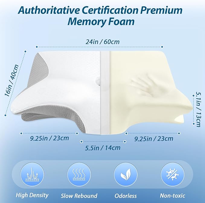 Cervical Neck Pillow for Neck Pain Relief, 2 in 1 Ergonomic Pillow for Sleeping, Memory Foam Orthopedic Bed Pillows for Side, Back & Stomach Sleepers with Cooling Pillowcase