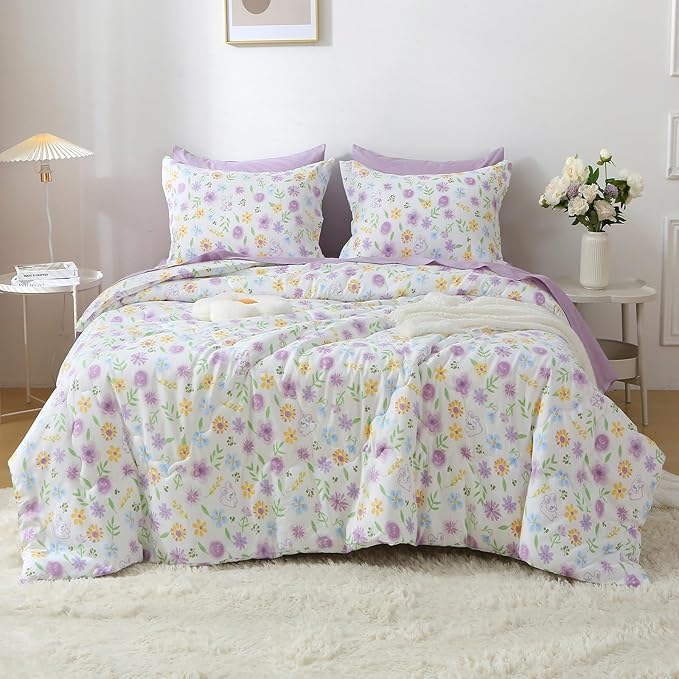 Wajade Floral Comforter Set Bed in A Bag Twin Size 7 Piece Purple Flower Green Leaves Rabbits Bedding Set for Girls (1 Comforter, 1 Flat Sheet, 1 Fitted Sheet, 2 Pillowcase and 2 Pillow Sham)