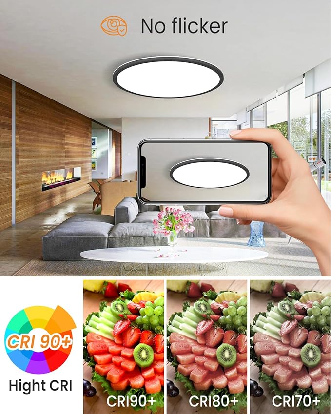 slochi 15.8 Inch Flush Mount LED Ceiling Light Black, 36W Ultra Thin LED Ceiling Light, 3000K/4000K/6500K 3 Color Temperature Low Profile Ceiling Light Fixtures for Kitchen Living Room Bedroom