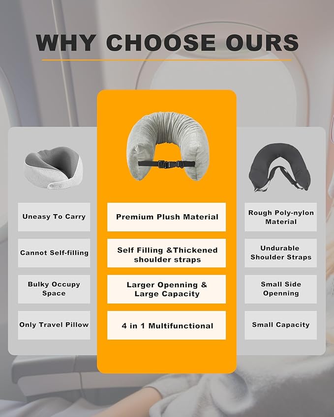 Stuffable Travel Neck Pillow for Extra Luggage Clothes Adjustable U-Shapes Airplane Plane Travel Pillow Storage Bag Adjustable Neck Size Travel Essentials Multifunctional Sleeping Rest Cushion