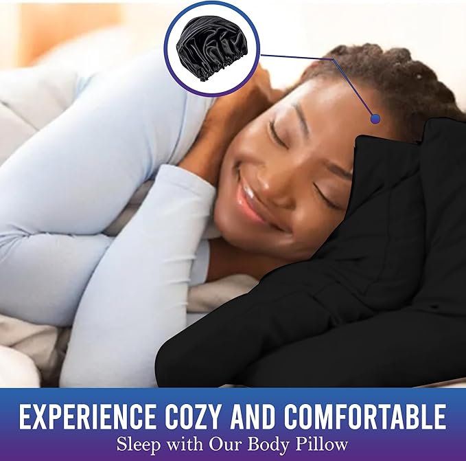 Memory Foam Body Pillow (Black, 20 x 54 Inch) - Full Body Pillows for Adults - Large Body Pillow Insert with Pillowcase for Back & Side Sleepers, Black Silk Body Pillow Cover & Silk Bonnet